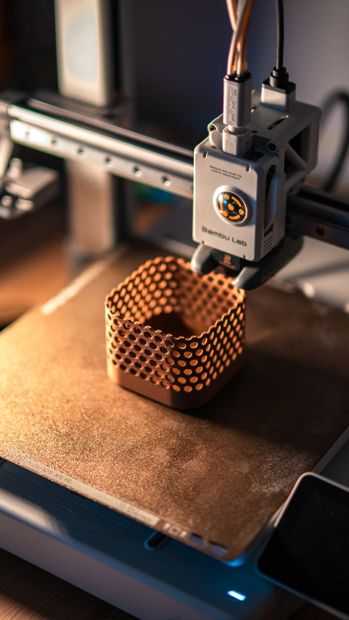 our-story Close-up of a 3D printer creating a hexagonal object in a dimly lit workspace.